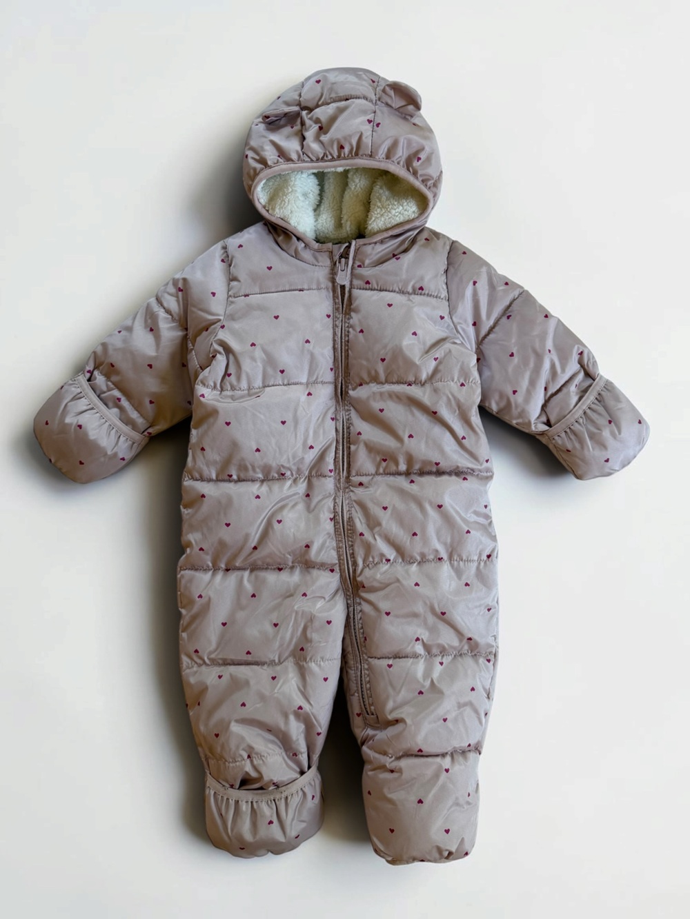 GAP EUC  Pink Heart Print Fleece Lined Convertible Hand Feet Puffer Snowsuit